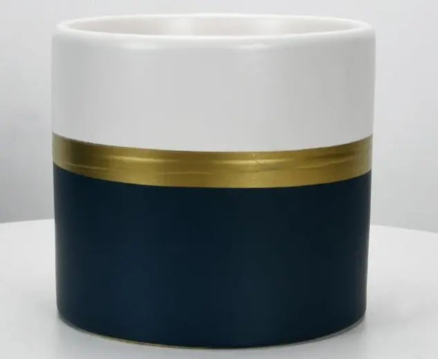 navy and gold plant pot Modern Flower Pot with Gold Rim